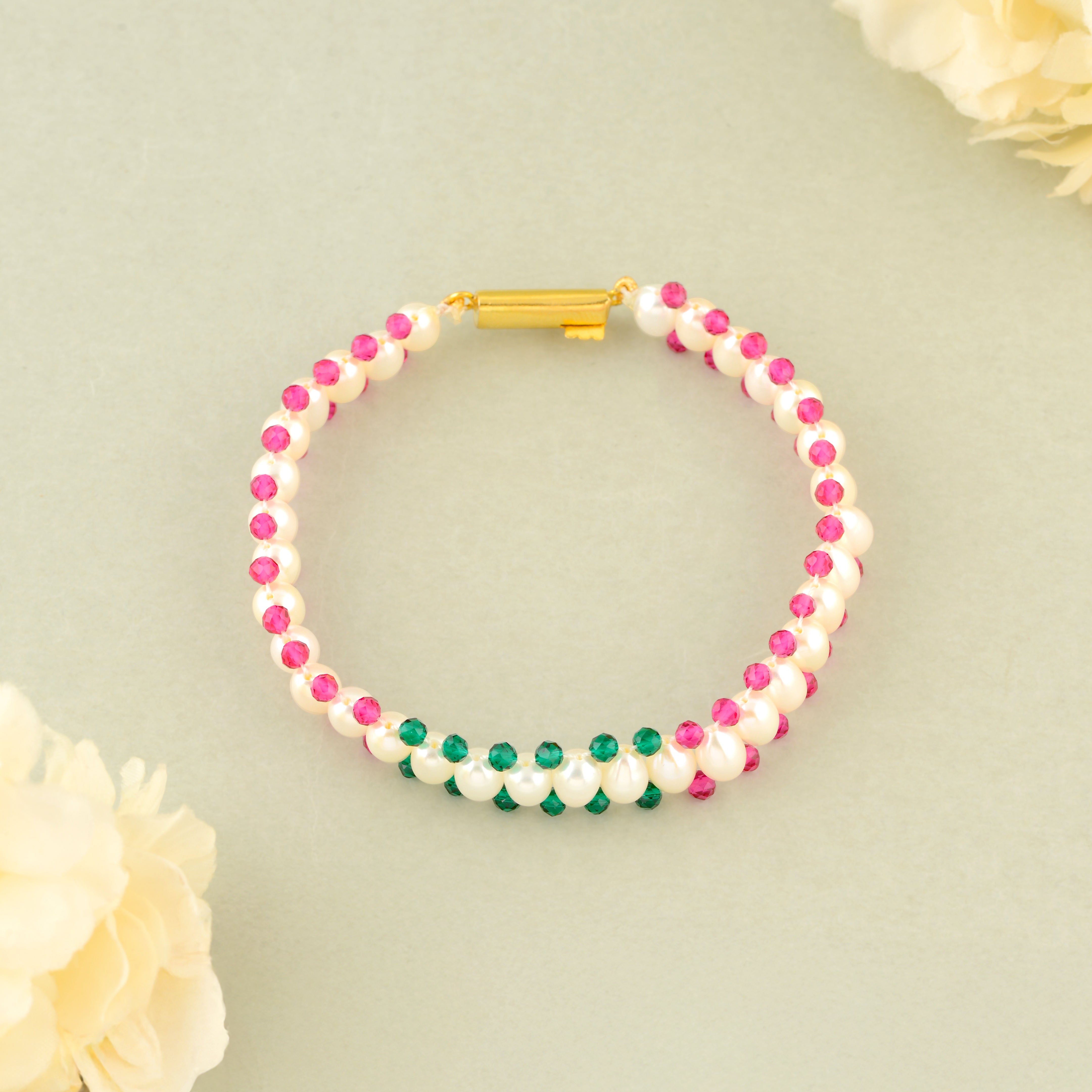 Triple Layer Pearl Bracelet with Pink & Green Accents - Gold Clip